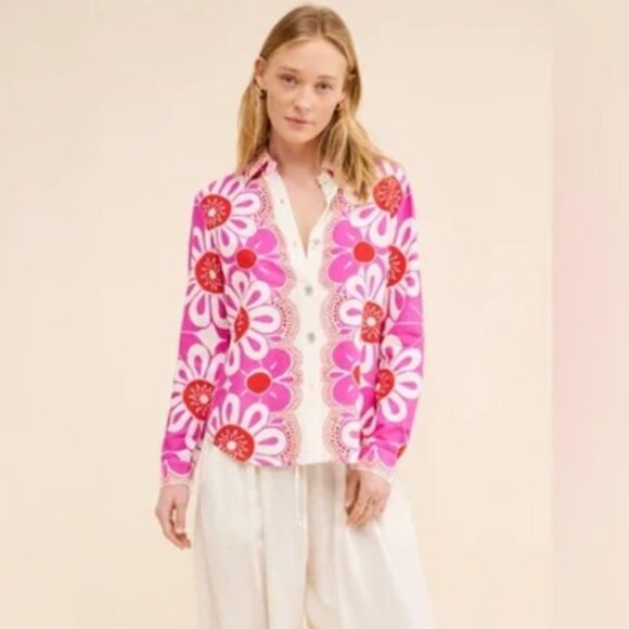 Farm Rio Maia Floral Pink Linen Blend White Shirt size XS - Picture 1 of 8